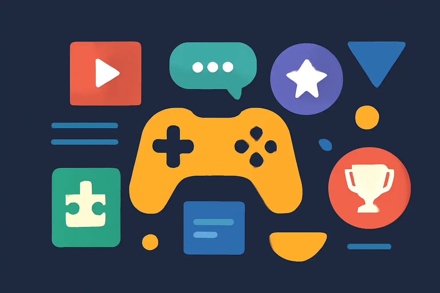 Hero illustration: TC Game, modern flat design, dark background, brand-neutral, icons and shapes only, no text