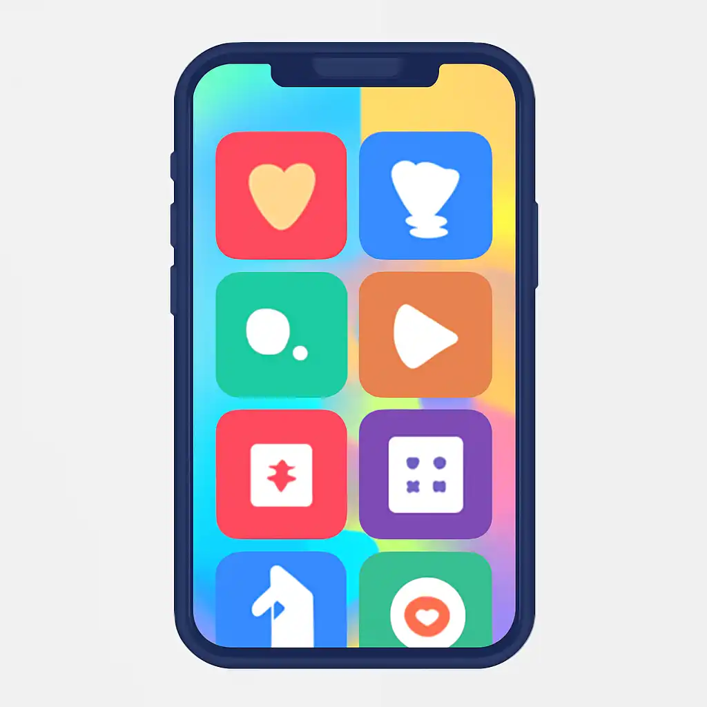 Smartphone shown from the front displaying a colourful flat layout of abstract game icons and rounded tiles (no text, no letters, no labels), TC Game