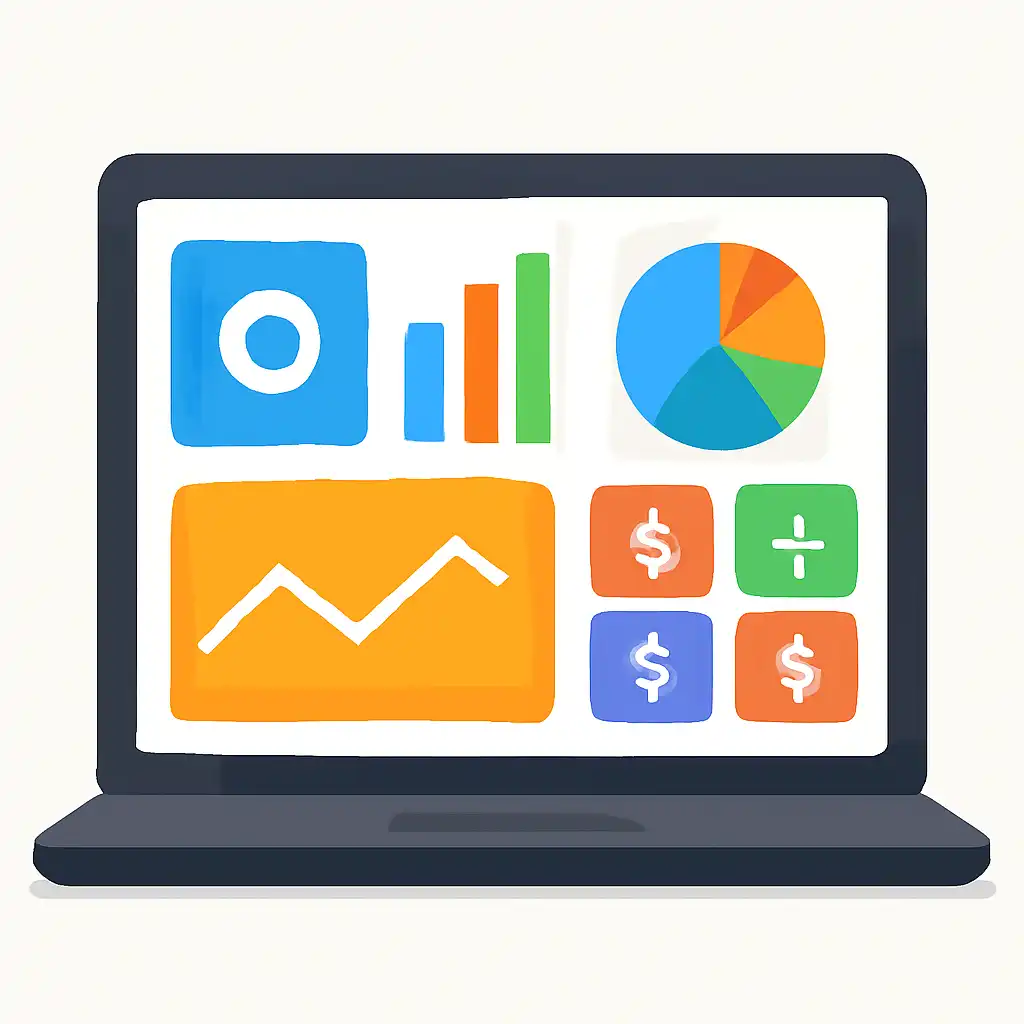 Laptop shown from the front displaying a colourful flat dashboard of abstract charts, bars and icon tiles (no text, no letters, no labels), TC Game