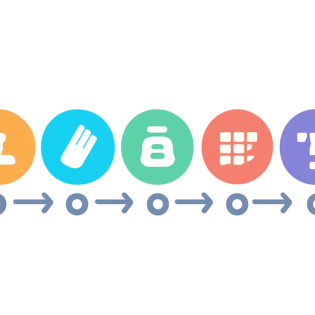 Five numbered circular icons connected by arrows in a horizontal flow, flat illustration, icons only, no words, TC Game steps